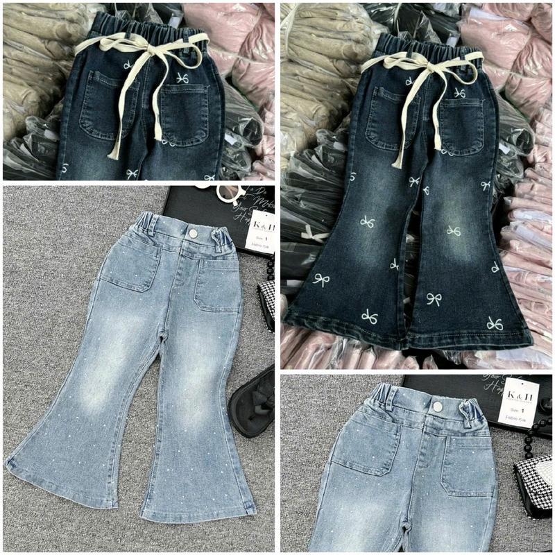 12-35kg Quần jean ống loe cho bé có 2 kiểu có hình nơ và đính đá chất jean mềm mại