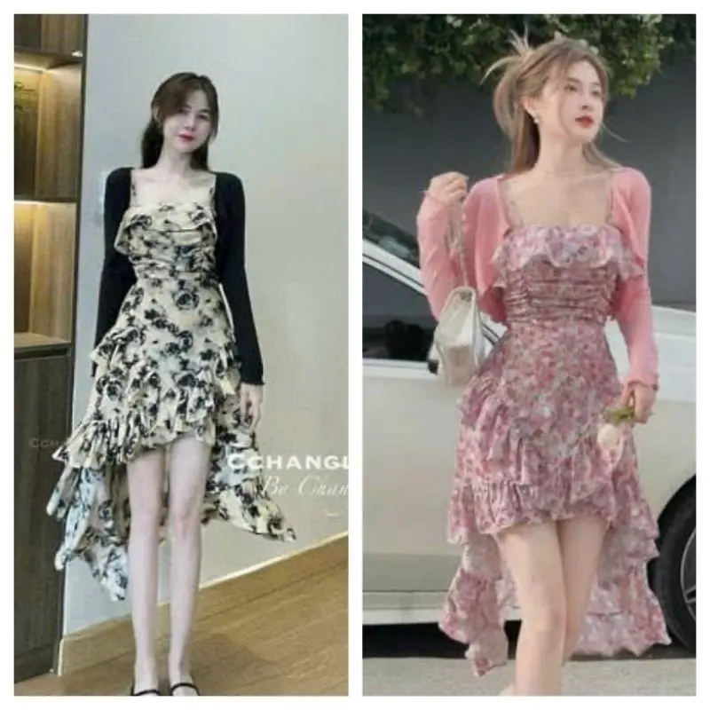 Đầm thời trang nữ đi tiệc đầm hoa  2 dây bèo xếp tầng kèm áo khoác thun gân tăm qc