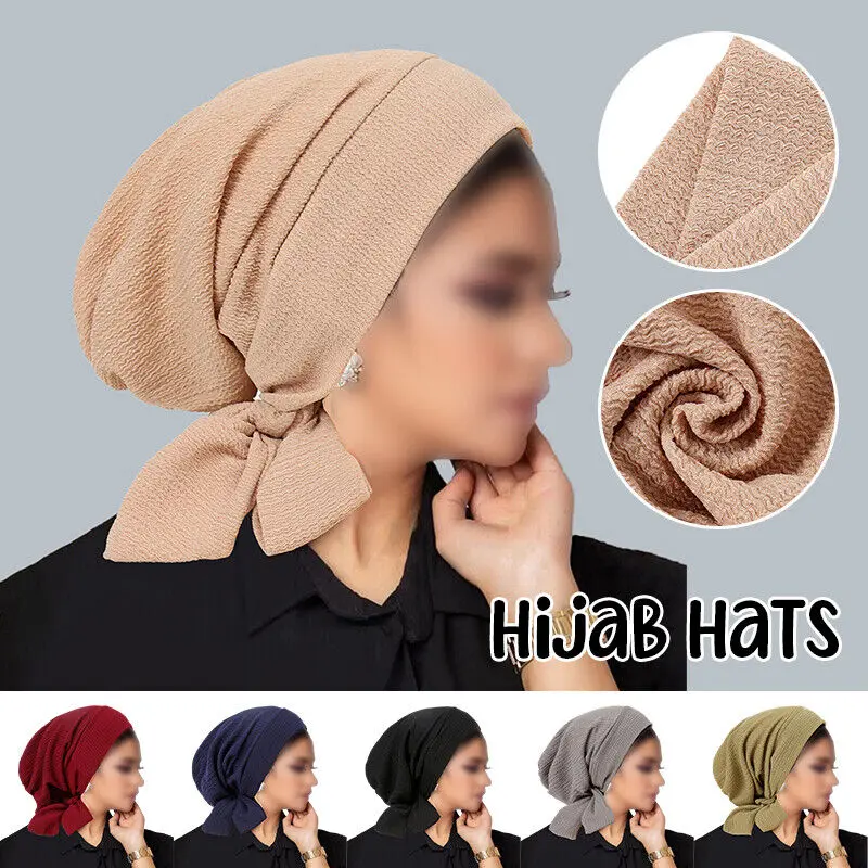 Mũ Khăn Trùm Đầu Khăn Xếp Nhăn, Màu Trơn Mũ Co Giãn, Thích Hợp Cho Phụ Nữ Hồi Giáo, Khăn Quấn Đầu Đuôi Dài