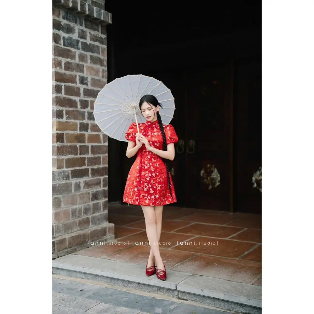 Đầm thời trang nữ mặc đi chơi chất gấm hoa cổ cao tay ngắn phồng váy chữ A dáng mini siêu xinh Women Voan Dress Đỏ Voi