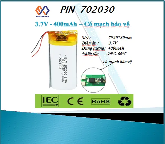 Pin sạc Lithium LiPo 1s 3.7V 400mah 702030 Tai Nghe Loa Mp3 MP4 MP5 GPS PSP Bluetooth