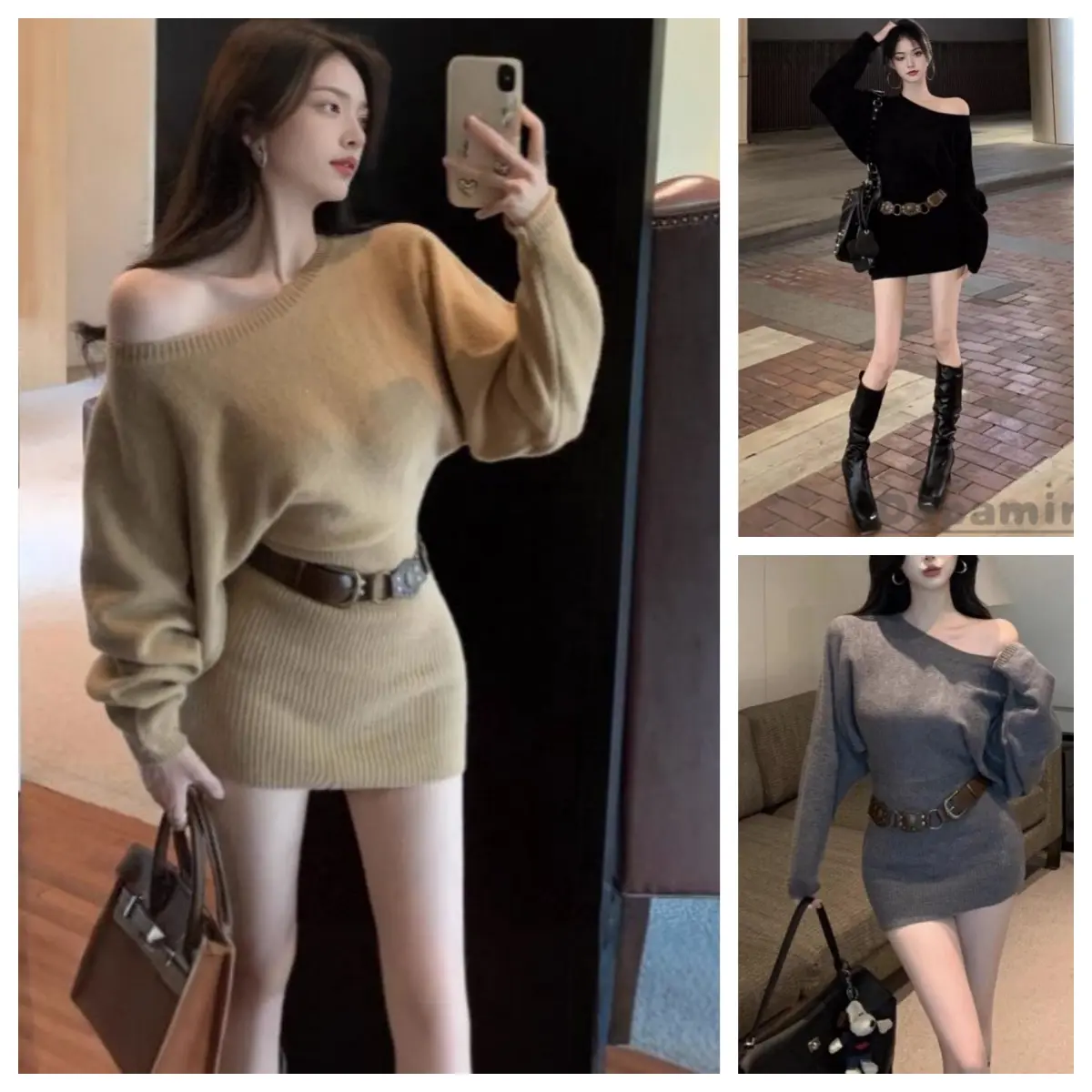 Váy Dệt Kim, Màu Kaki, Vai Nghiêng, Dài Tay, Dành Cho Nữ, Thích Hợp Cho Mùa Thu, Váy Len Vừa Vặn, Váy Bodycon Bó Sát Eo, Phong Cách Women Khuy Dress
