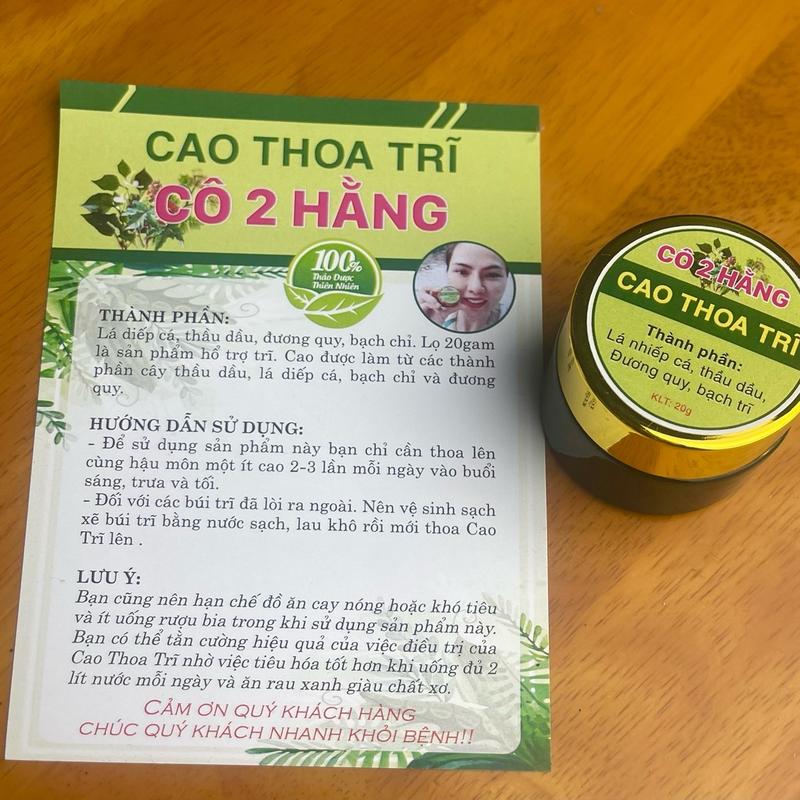 Cao Thoa Trĩ Cô 2 Hằng: thành phần      Thành phần: 100% tự nhiên nên không lo tác dụng phụ, cao được điều chế từ cây thầu dầu tía kết hợp với rau sam, tử thảo,tê tê, thương truật, huyết dụ  giúp kháng khuẩn, tiêu viêm, tăng cường lưu thông máu làm ta 6