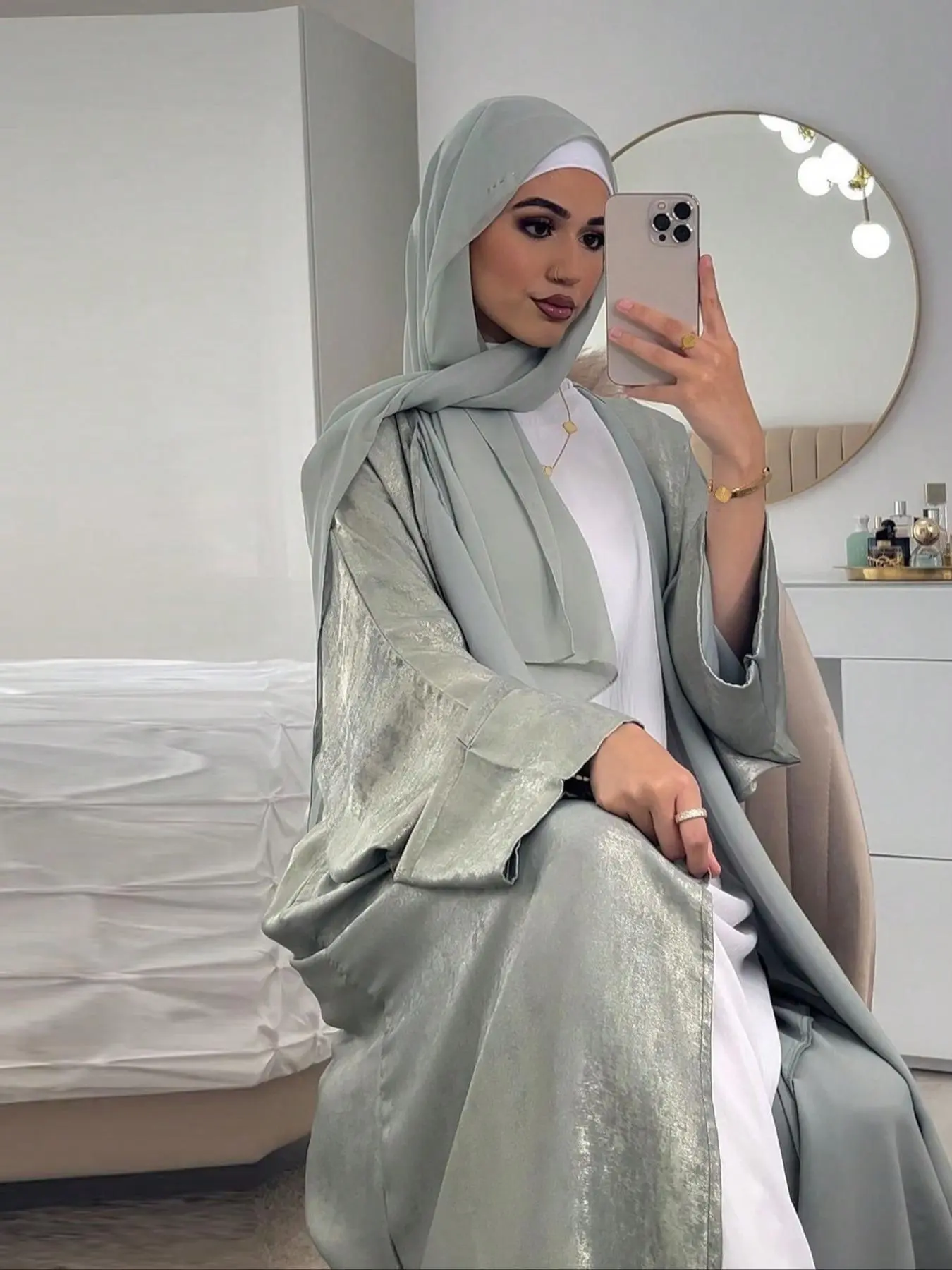 Women's Solid Color Long Sleeve Open Front Abaya, Elegant Formal Modesty Style Muslim Arabic Clothing for Daily Wear, Ladies Islamic Clothing for All Seasons