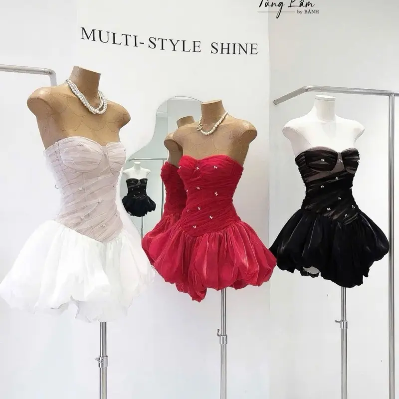 Đầm dự tiệc Váy cup ngực lưới đính khuy đá phối chân tơ bồng đi tiệc hẹn hò có lót bảo hộ 5