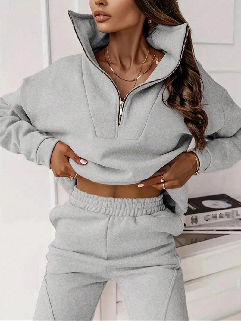 Product Introduction of [2024]Two-piece Set Women's Solid Zip Up Sweatshirt & Pants, Casual Long Sleeve Stand  Collar Sweatshirt & Trousers for Fall & Winter, Women's Clothes for Daily Wear 7