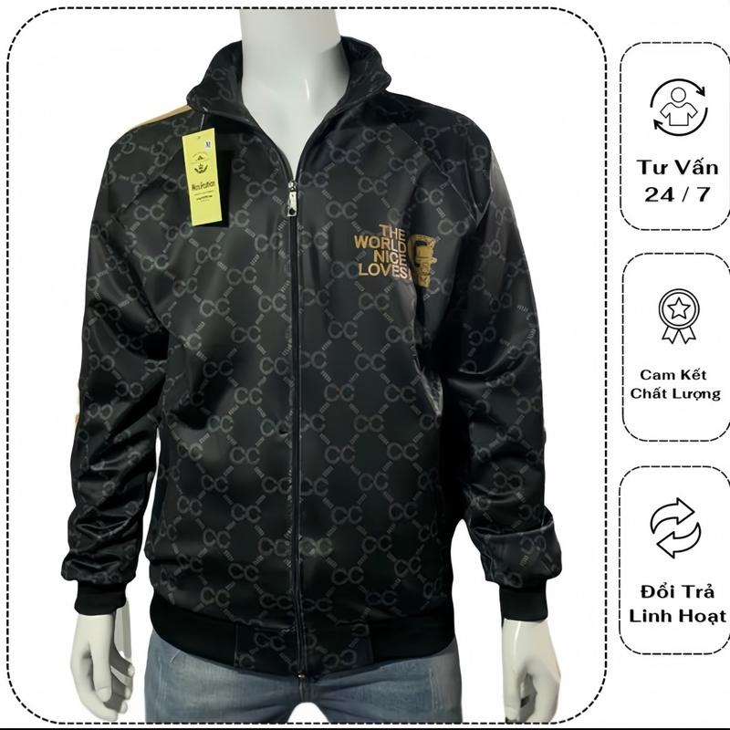 Áo Khoác Poli Cao Cấp Thời Trang MenVip Fashion Menswear Jacket (Đen + Thêu viền vàng Kem 7