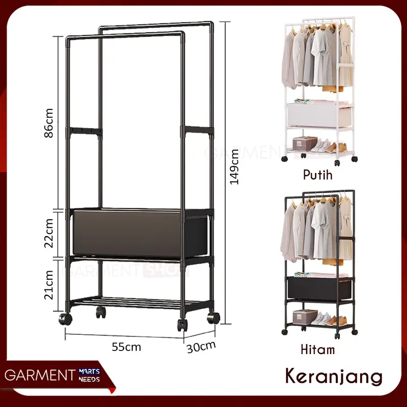 [TERMURAH] - Rak Gantungan Baju Celana Sepatu Stand Hanger Dengan Roda Keranjang Tempat Penyimpanan Serbaguna 7