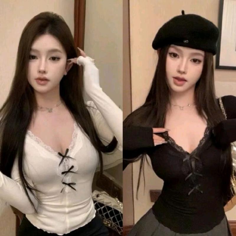 ( XUONG BIGSIE KIM 60_110KG) ÁO THUN DÀI TAY CỔ REN ĐÍNH NƠ BIGSIZE 60_100KG