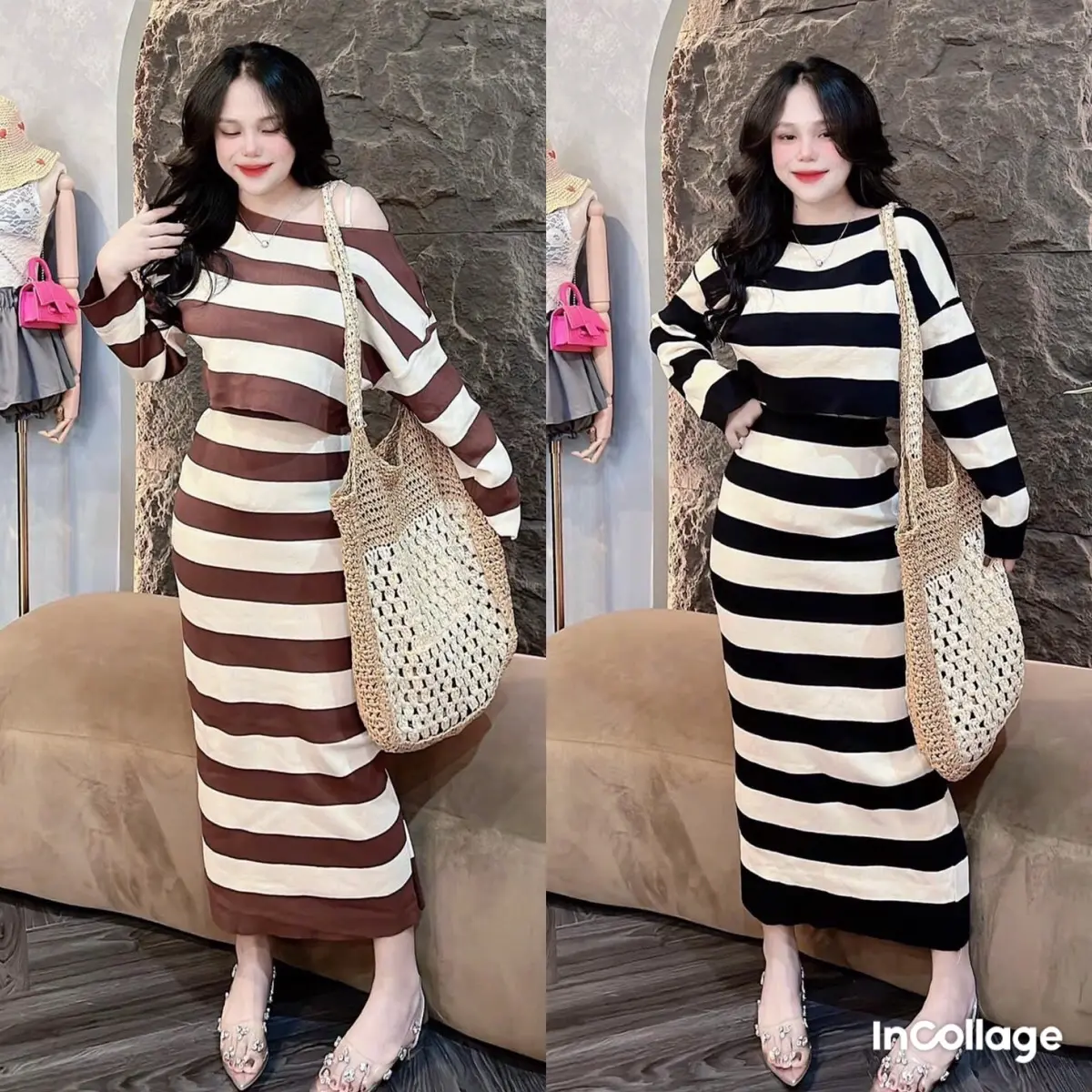 ND-Set váy len sọc QC dáng dài