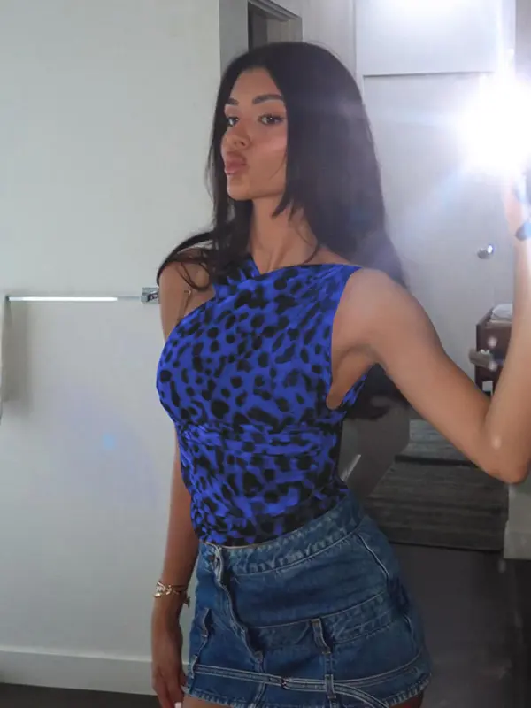 Women's Leopard Print Asymmetrical Neck Ruched Mesh Bodysuit, Fashion Casual Sleeveless Fit Bodysuit for Summer, Jumpsuit for Women, Ladies Clothes for Holiday Party Club, Nyc Clothing, Womenswear, Clothes for Women, Tops 5