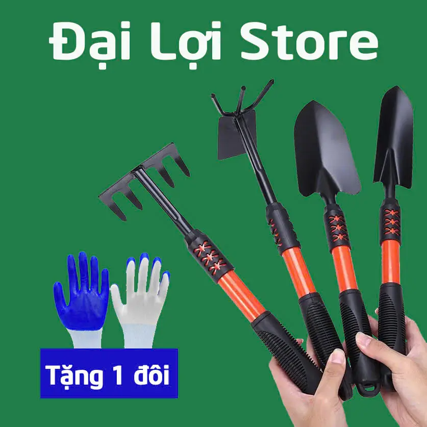 Bộ Dụng Cụ Làm Vườn Đa Năng 4 Món (Tặng 1 Đôi Găng Tay) Bao Gồm 1 Cuốc, 1 Xẻng Nhỏ, 1 Cào,  1 Xẻng To