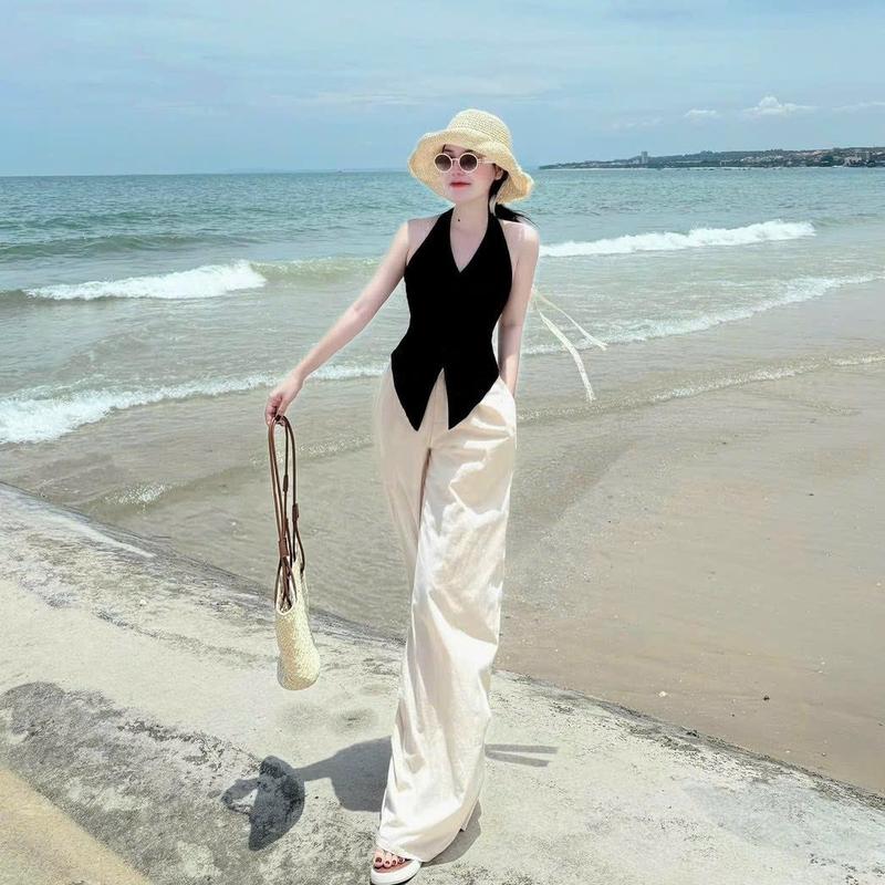 Set bộ áo cổ yếm cài nút hở lưng quần dài ống rộng đủi mây duyên dáng , thích hợp diện đi  du lich hè Nữ Women