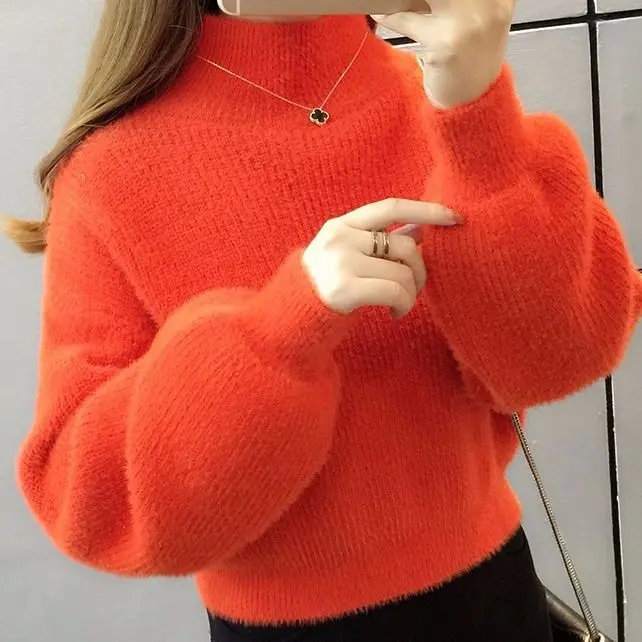 Áo Len Nữ, Lông Chồn Nhân Tạo, Áo Áo Chui Đầu Mùa Thu Và Mùa Đông, Phong Cách Thường Ngày Tay Phồng Ngắn, Áo Len Mặc Trong, Dày, Không Xơ Vải, Năm 2025 1