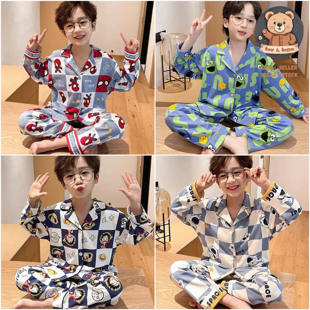 B&B 100-155cm Children Boy Pyjamas Premium Set Boys Kids Spiderman Pikachu Sleepwear Pajamas Baju Tidur Budak Lelaki Kanak Baby Boy Soft Nightwear