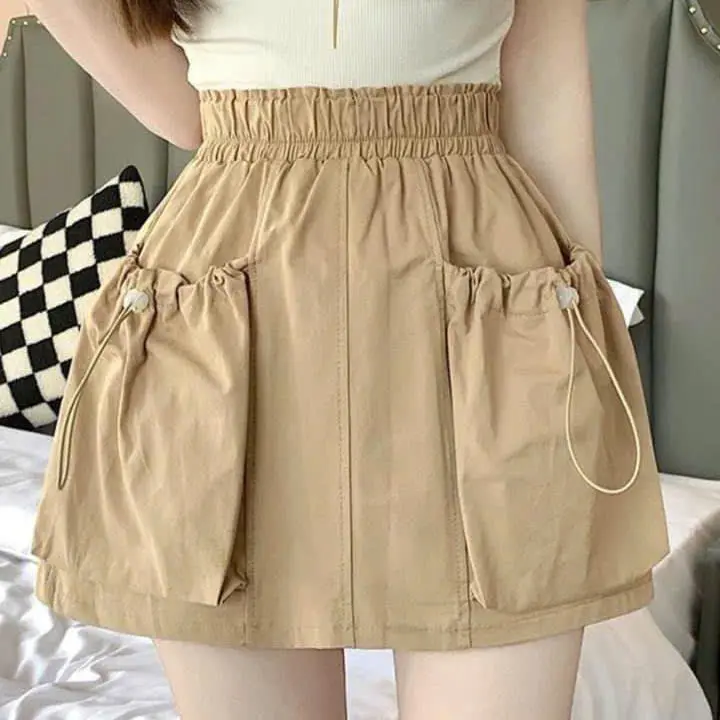 Mộc Shop- Chân Váy Nữ Lưng Thun Túi Hộp Thời Trang Hàn Quốc,Chân Váy Chữ A kèm Quần Bảo Hộ Freesize 40-58kg Kem Women Kaki