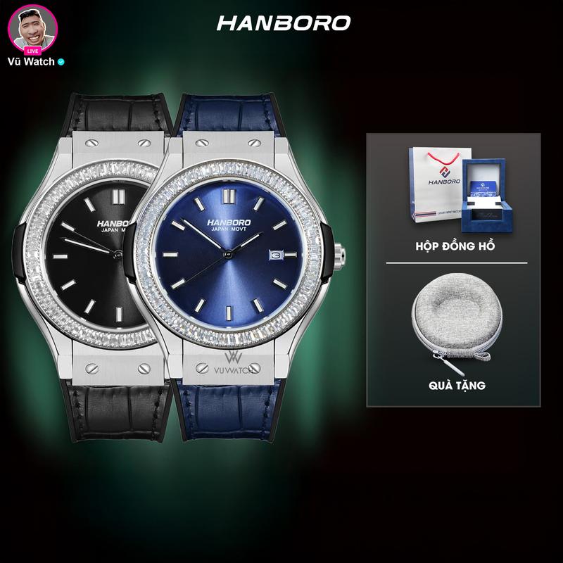 Đồng hồ nam Hanboro 675-2 size40mm khung trơn - vành đá [3638]