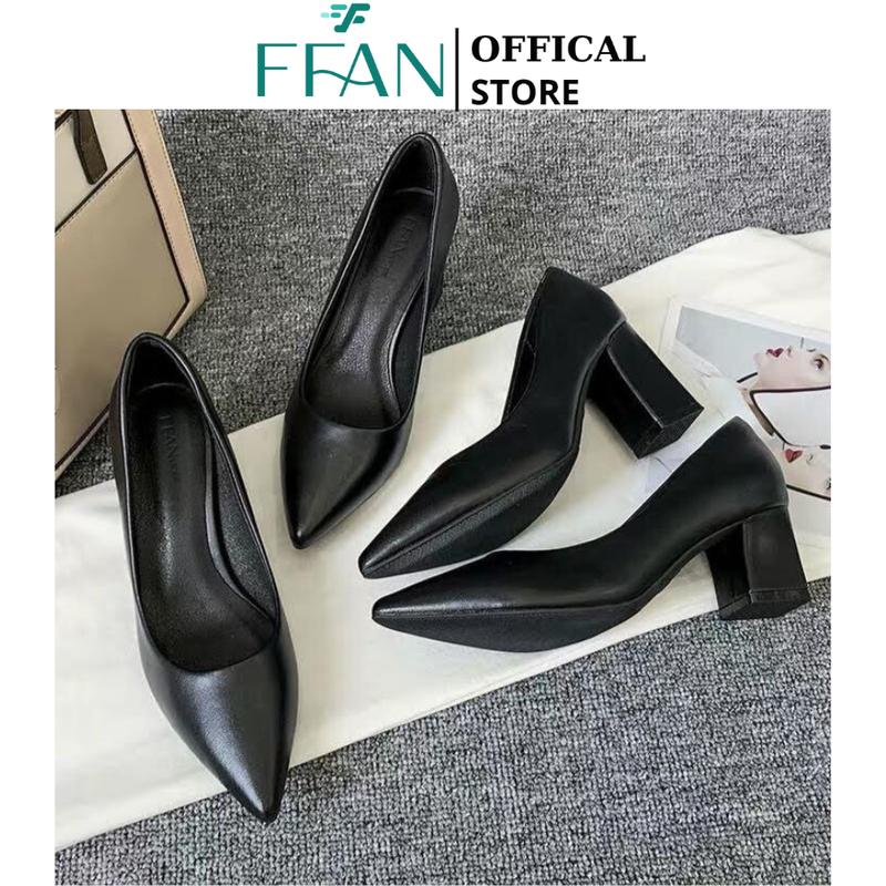 [DA THẬT] Giày cao gót nữ mũi nhọn đế vuông FFAN công sở bít mũi màu đen, da mềm mại big size Cao Su Shoes
