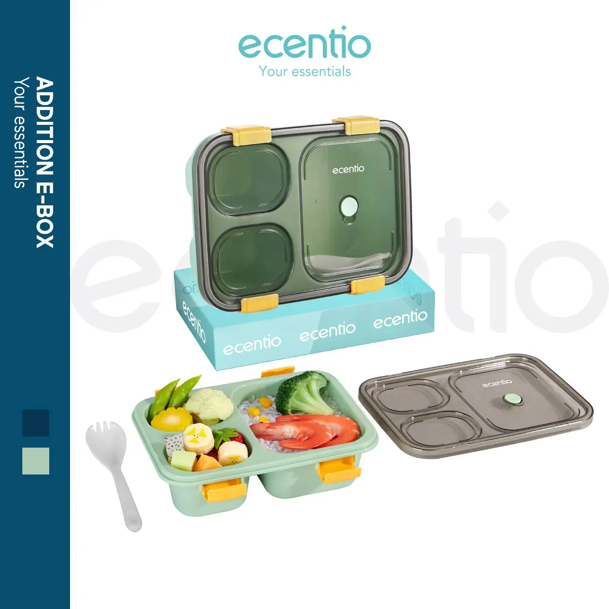 [COD]ecentio Kotak Tempat Makan Anti Tumpah 3 Grid Lunch Box Dengan Sendok Gratis Anti Tumpah Berbahan PP 850ml BPA Free Kitchenware