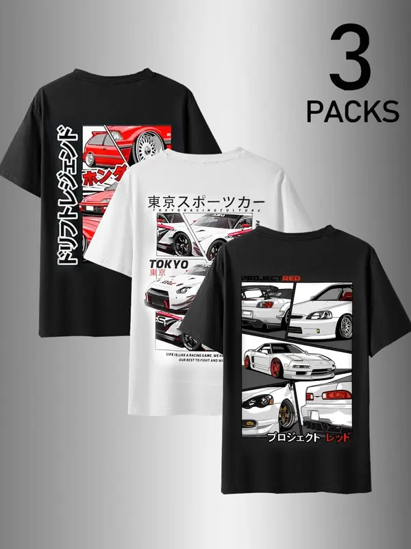 Men's Car Print Round Neck Tee, Regular Fit Casual Short Sleeve T-shirt for Summer, Men's Top for Daily Wear, Tropical 4