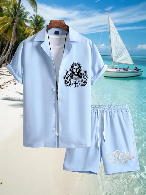 Two-Piece Set Men's Letter & Jesus Print Short Sleeve Shirt & Shorts, Regular Fit Casual Button Down Collared Top & Shorts, Summer Clothes Set for Men 4