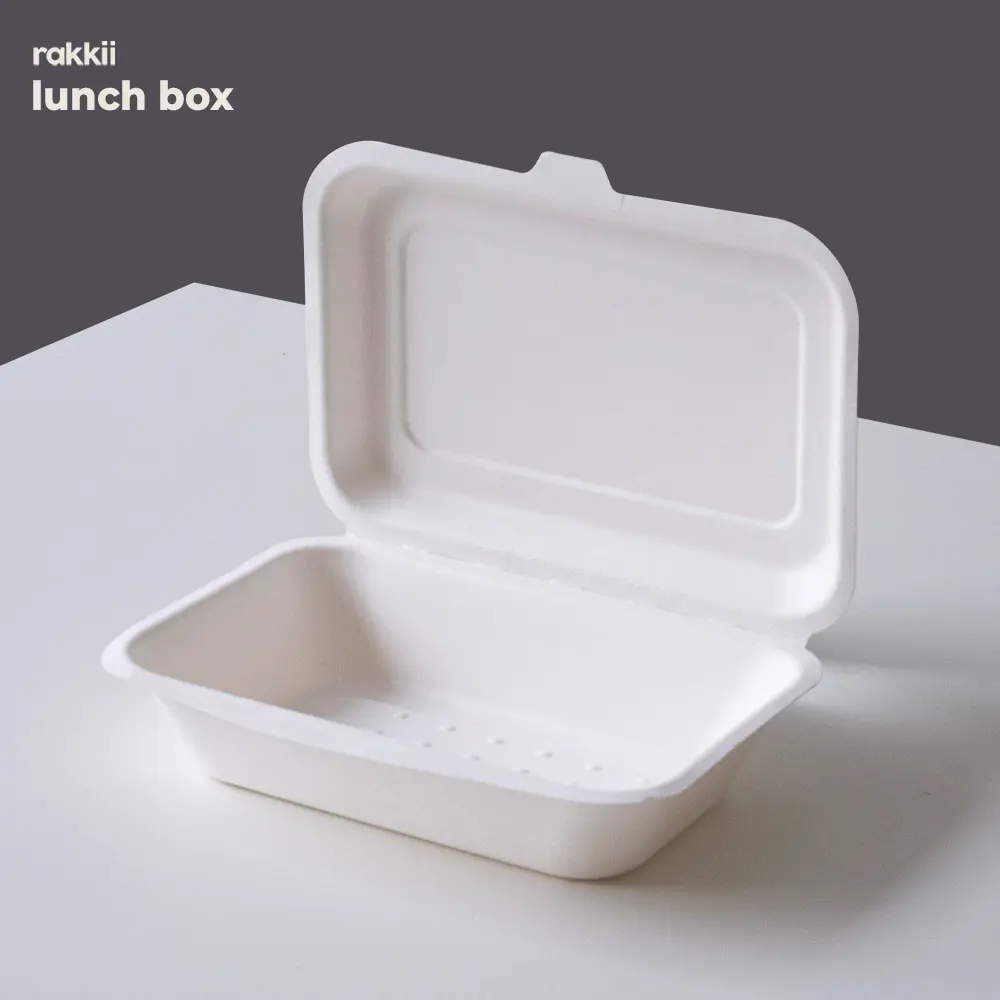Rakkii - [10 pcs] Bagasse Kotak Makan Lunch Box Bento Party White 450ml kitchenware