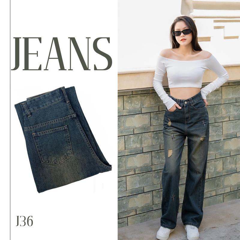   J - 36  Quần ống xuông vải QC điểm nhấn thêu  ngôi sao và wash rách dài 105 Cm   S - XXL   Chất Vải Cotton Mịn Nữ Women Pants Jean 