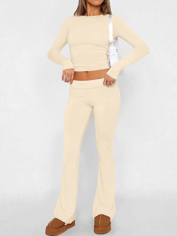 Two-piece Set Women's Solid Long Sleeve Crop Top & Flare Leg Pants, Casual Fashion Cozy Round Neck Top & Bell Bottom Trousers for Daily Outdoor Wear, Women's Lounge Clothing for Summer, Two Piece Set Women 8