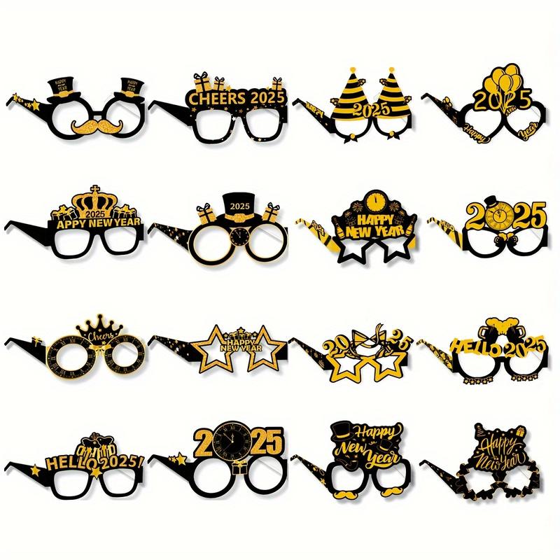 Product Introduction of 16pcs Happy New Year 2025 Photo Booth Props, Black and Golden Paper Glasses, Universal Size, New Year'S Eve Party Supplies and Decorations Accessory Masks 5