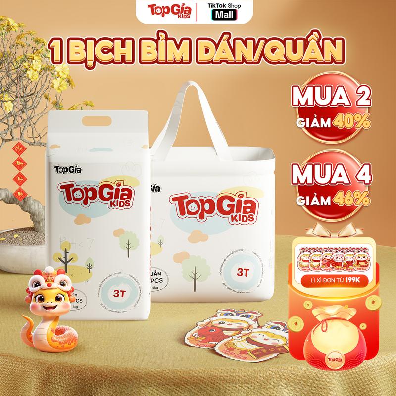 1 BỊCH Tã Bỉm Topgiakids pH<7 an toàn cho da bé, mềm mại, mỏng nhẹ, chống tràn tối đa, kèm 5 miếng dùng thử (Bỉm)