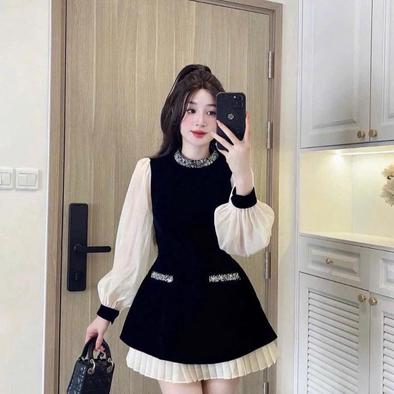 Váy nữ Váy Thiết Kế Đính Đá Ngọc Đầm Viền Cổ Tà Váy Phối Xếp Ly Tơ Óng Tiểu Thư Màu Đen Nhung Sang Chảnh 2