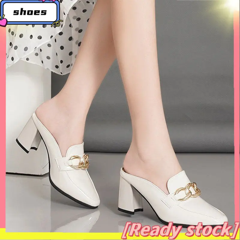 Real Soft Leather Bag Head Slippers New Outdoor Women's Shoes High Heel Mules Shoes Chunky Heel Square Toe Half Slippers Lazy Shoes