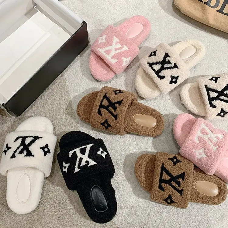 Internet Celebrity 2024 New Letter Lamb Wool Cotton Slippers Women's Autumn and Winter Outing Home Korean Style All-Matching Platform Slippers Girl Footwear Walking Shoes Flipflop Slide
