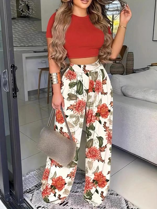 Women's Solid Short Sleeve Crop Tee & Floral Print Wide Leg Pants Set, Lady Comfort Mock Neck T-shirt & Baggy Trousers, Ladies Summer Clothes, Two Piece Set, Back To School Outfits, Co-ords Set, Two Piece Set Women 8