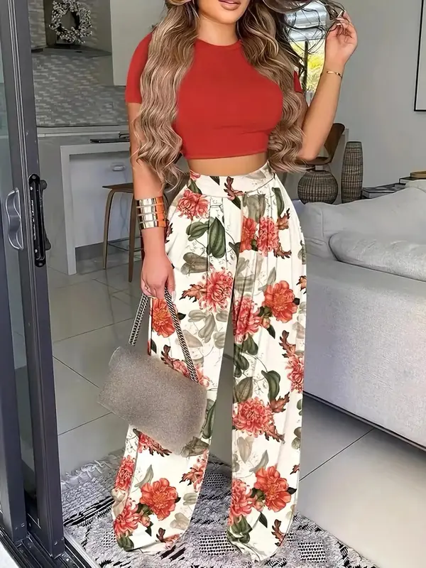 Women's Solid Short Sleeve Crop Tee & Floral Print Wide Leg Pants Set, Lady Comfort Mock Neck T-shirt & Baggy Trousers, Ladies Summer Clothes, Two Piece Set, Back To School Outfits, Co-ords Set, Two Piece Set Women 7