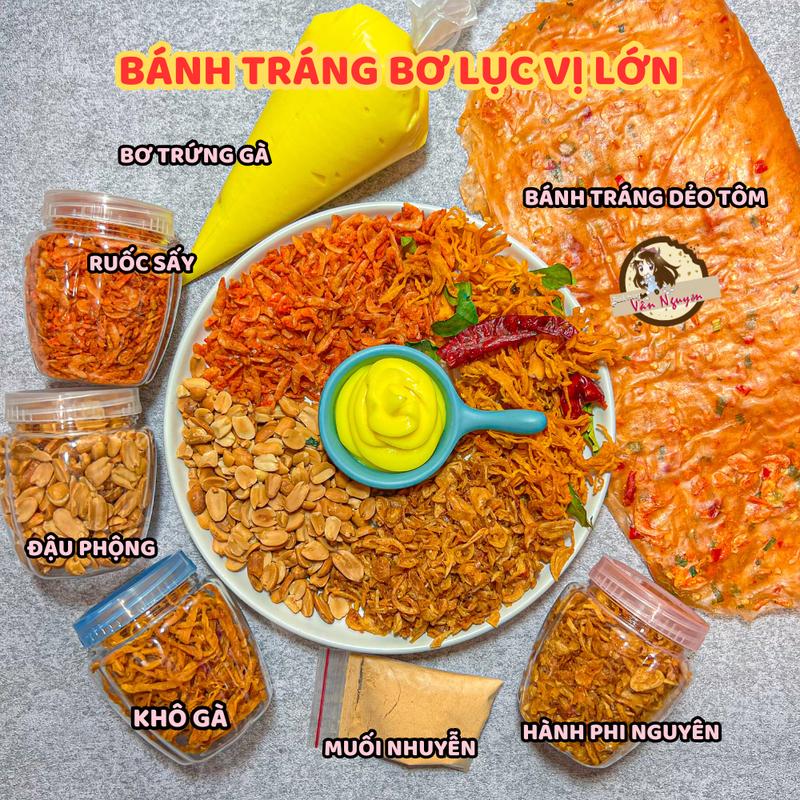 Combo Bánh Tráng Bơ Lục Vị Lớn 500gr Dẻo Tôm + 200gr Trứng Gà + Muối Nhuyễn + Hủ Khô Gà + Hủ Đậu Phộng 100gr + Hủ Hành Phi 50gr + Hủ Ruốc Snack Ăn Vặt Food Thức Ăn