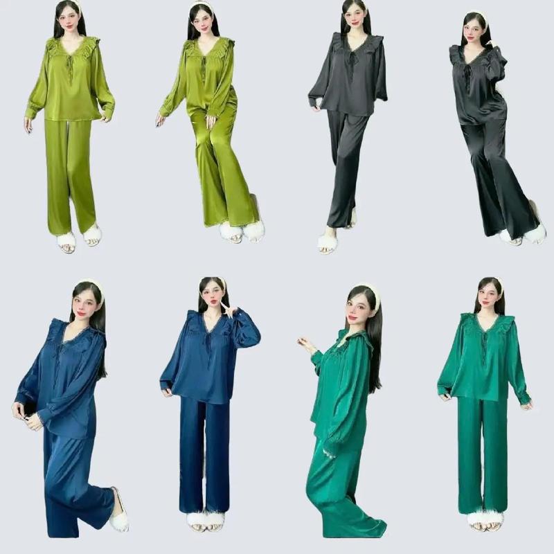 Set bộ ngủ Mặc Nhà Pijama lụa phối ren cổ V, quần dài, tay dài cho nữ, size 35-75kg, thun nhung hồng Nhung Tăm Áo Ngủ setdomac  nhaxinh đồ  ngủ tiểu thư