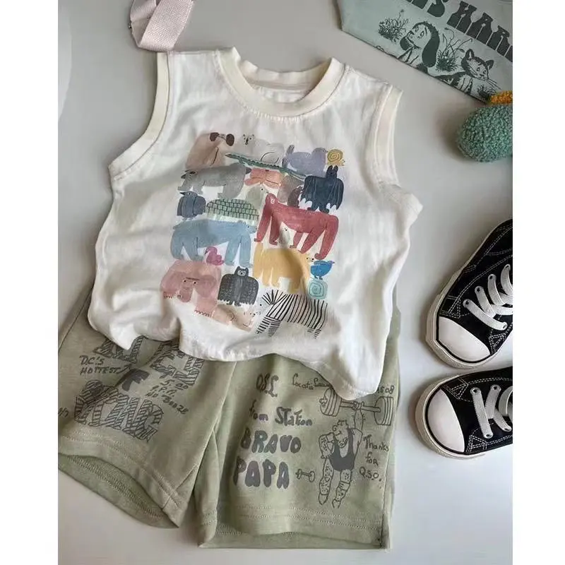 Bộ Quần Áo Mùa Hè Cho Bé Trai, Phong Cách Hàn Quốc, Hàng Mới Về, Áo Vest Cotton Nguyên Chất Sành Điệu, Quần Đùi Thường Ngày Dáng Rộng Cho Em Bé, Thích Hợp Cho Trẻ Em