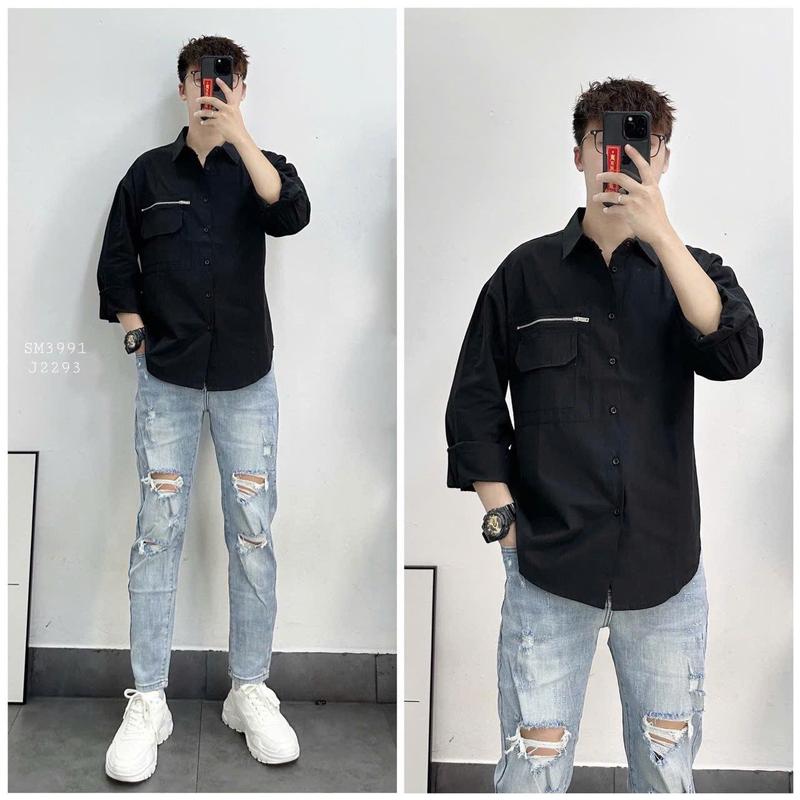 Product Introduction of Áo Sơ Mi Nam Tay dài chất mango phối sọc khóa kéo chất Dày Dặn Form Đứng Boy Phố ST MEN STORE Menswear Shirt Cổ Tròn ...không.4 navy blue ... hàn quốc 14