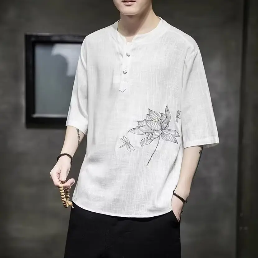 Chinese Style Embroidered Linen T-Shirt Men's Loose Fit Big Size Tang Suit Short Sleeve Summer Thin Cotton Linen Top