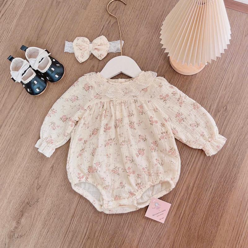 Bodysuit Cho Bé Xô Muslin Organic Vintage Cổ Ren Tay Dài, Kèm Turban Xinh Xắn, Body Cho Bé 3-11kg