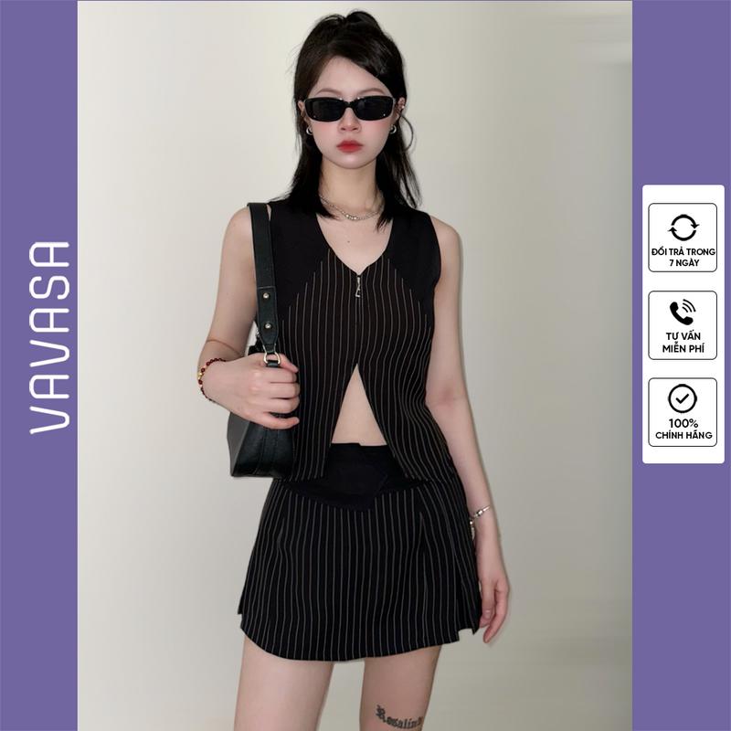 set áo gile chân váy xếp li ngắn phối đa phong cách chất vải không nhăn cao cấp VAVASA BD25