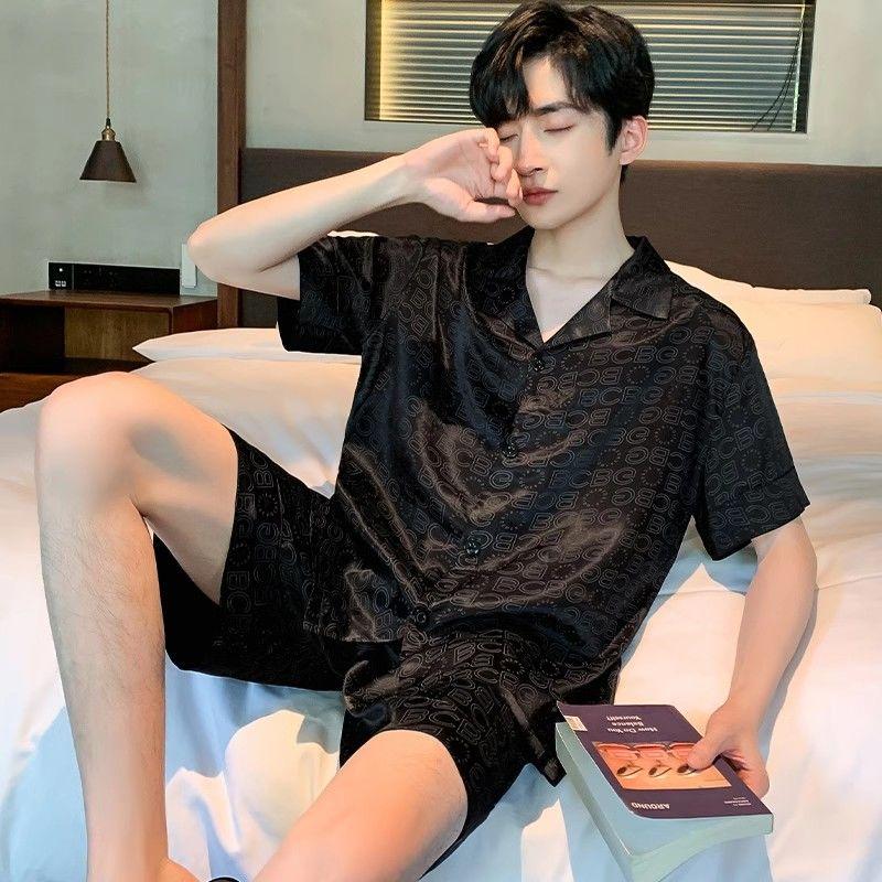 Bộ Đồ Ngủ Lụa Lạnh Dành Cho Nam Giới, Mỏng Mùa Hè, Quần Đùi Ngắn Tay, Lụa Nhân Tạo Cao Cấp, Ngoại Cỡ, Thích Hợp Mặc Nhà Mùa Hè, Bộ Đồ Áo Menswear Nhung 1