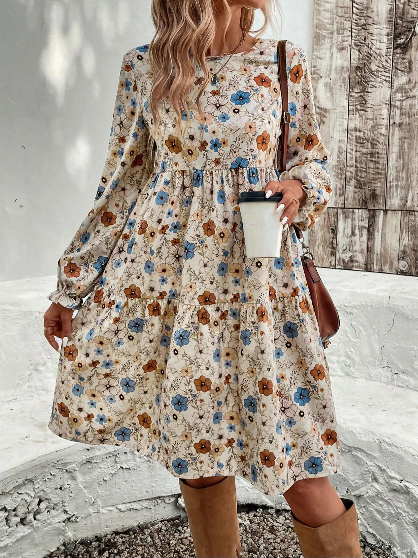 Women's Floral Print Ruffle Hem Smock Dress, Boho Fashion Long Sleeve Round Neck Knee Length Dress for Daily Holiday Vacation Wear, Ladies Dress for All Seasons