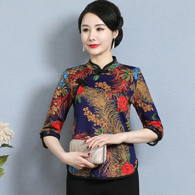 Kemeja-T Lengan Separuh Cheongsam, Gaya Cina, Untuk Wanita Pertengahan Umur dan Warga Emas, Pakaian Musim Panas, Gaya Etnik, Rekaan Katak Cina, Baju Lapisan Nipis, untuk Wanita