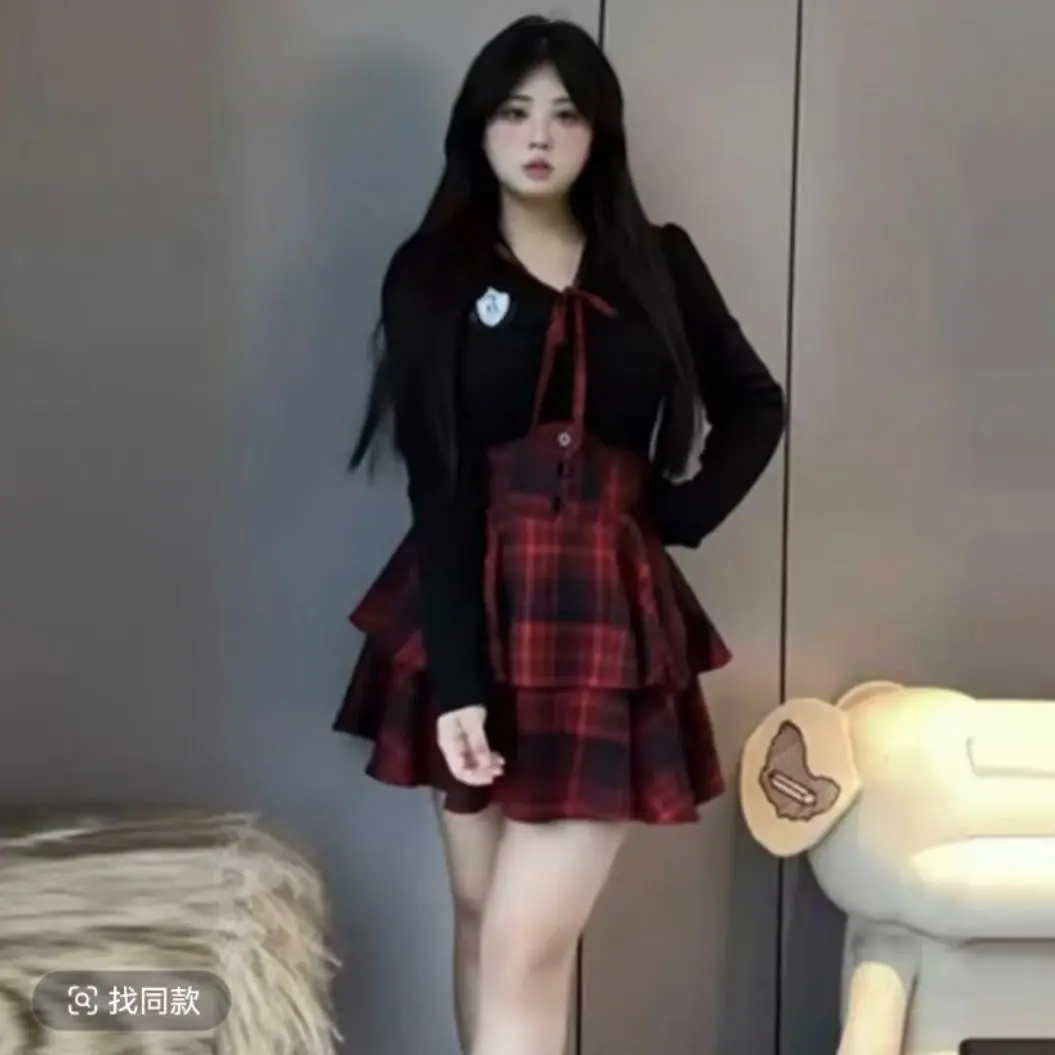 Plus Size Chubby Style Plaid Cake Dress College Style JK Suit Female Hot Girl Fitted Waist Figure Flattering Shirt Two-Piece Set Womenswear Clothing