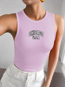 ImprinTee Women's Letter Print Round Neck Tank Top, Casual Sleeveless Crew Neck Crop Top, Ladies Summer Clothes for Daily Wear