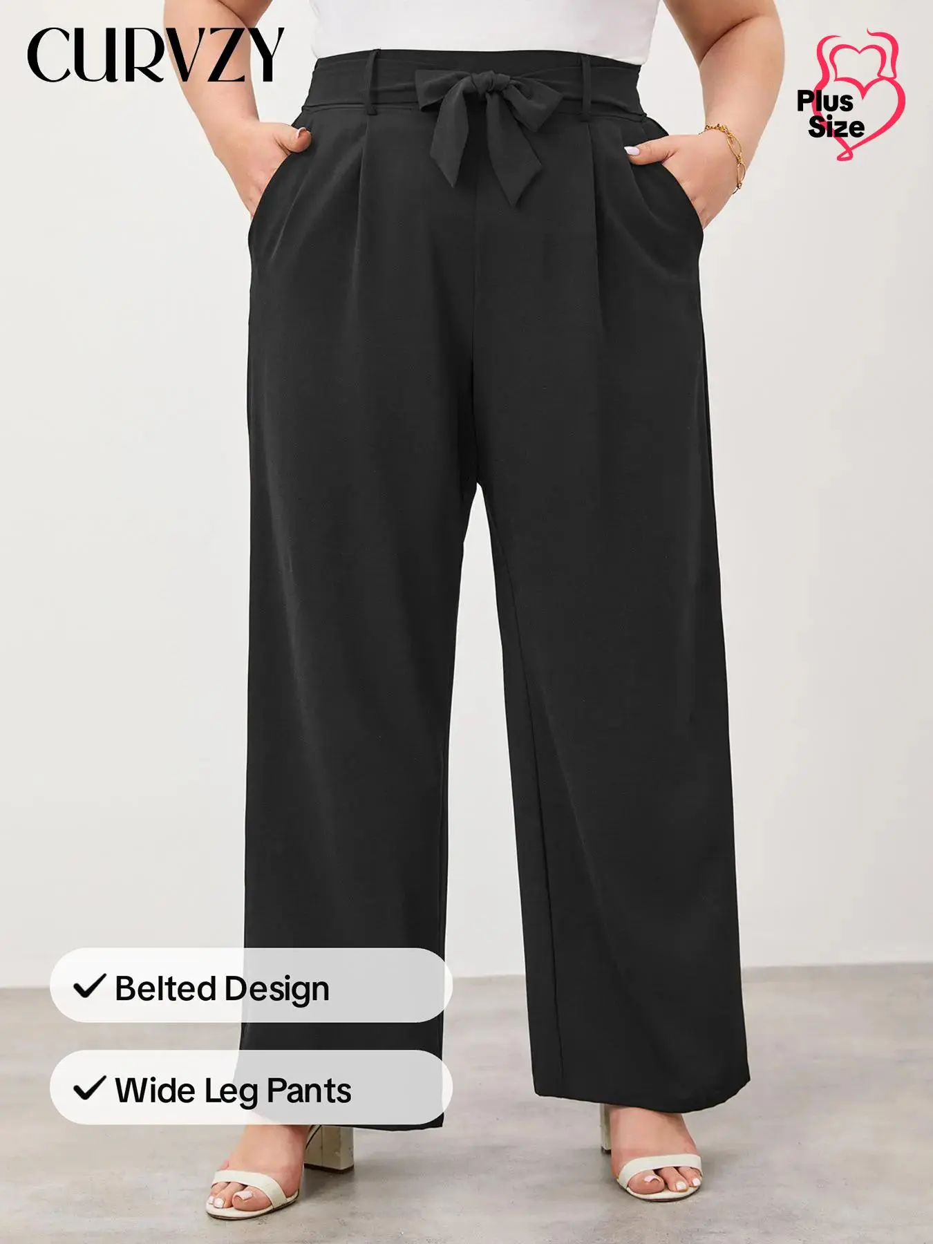 CURVZY Plus Size Solid Belted Plicated Wide Leg Pants, Comfort Breathable Elastic Waist Pocket Trousers, Women's Summer Bottoms for Daily Wear