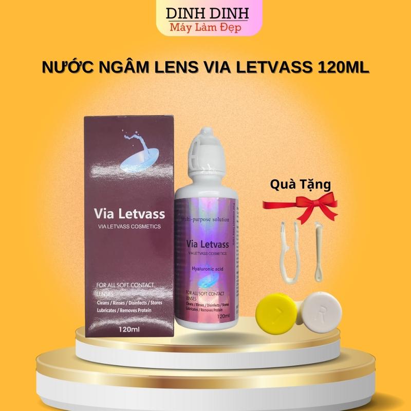 Nước ngâm lens Via Letvass 120ml tặng kèm hộp ngâm lens, dụng cụ đeo lens dùng makeup trang điểm