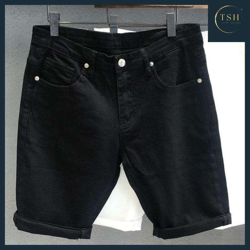 Quần Short Jean Nam Đen Trơn Cao Cấp TSH Mã Số 225 - Chất Liệu Jean Bò Co Giãn Nhẹ Menswear Pants Có Túi